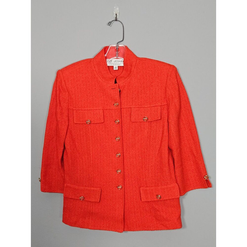 St John Collection Red Santana Knit Shimmer Jacket Gold Buttons Size 8 Executive